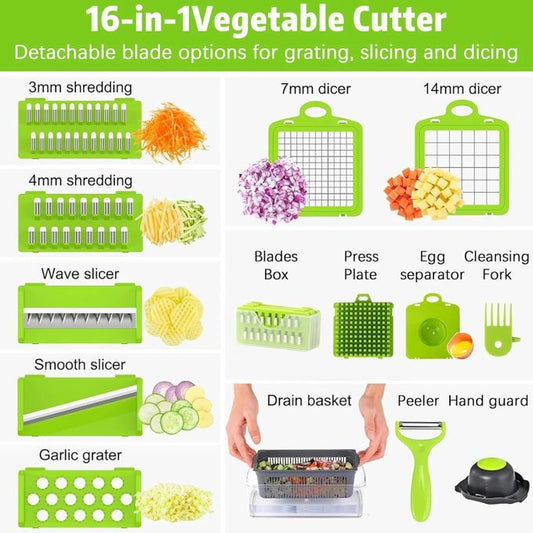 16-in-1 Multifunctional Vegetable Chopper & Slicer - Manual Kitchen Food Processor with Drain Basket